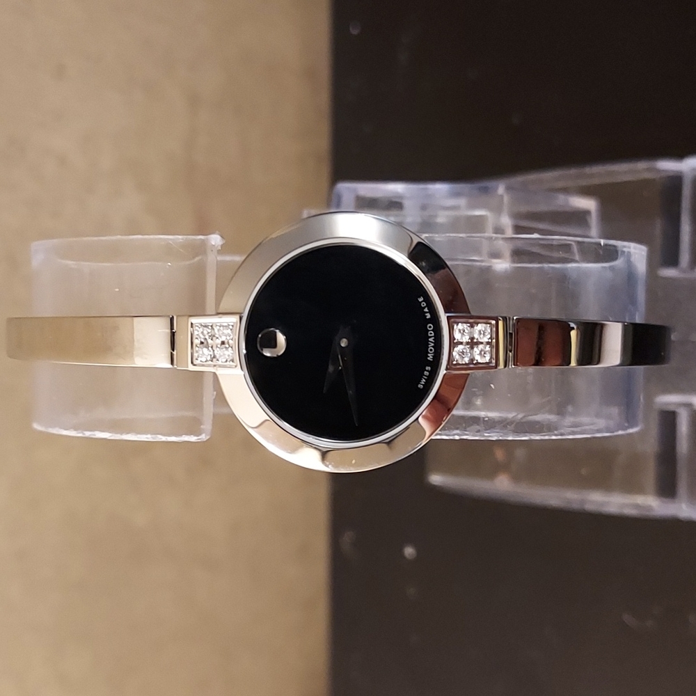BARELY WORN  WOMEN'S MOVADO SILVER DIAMOND BANGLE BRACELET WATCH. REAL DIAMONDS